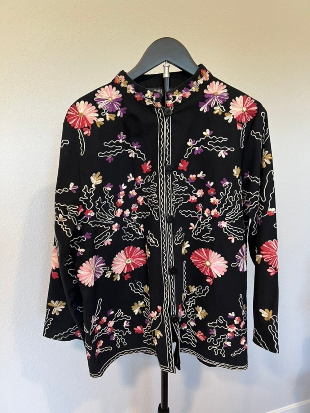 Vintage Take Two Clothing Co Embroidered Floral Black Cotton Jacket Size M